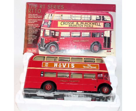 A Sunstar 1/24 scale model of a No. 2921, a 1946 London Transport RT10 double decker bus housed in the original polystyrene p