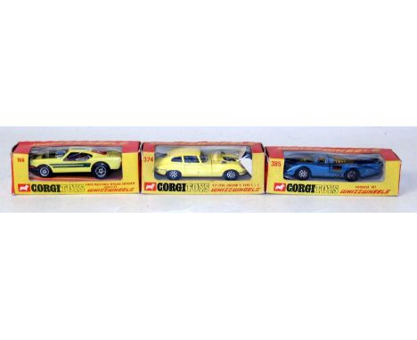 A Corgi Toys Whizz Wheels boxed window boxed group, three examples to include No. 385 Porsche 917, No. 374 Jaguar 4.2L E-type