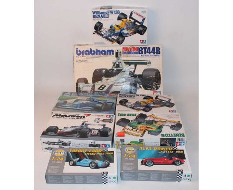 Eight various boxed mixed scale Formula One and racing plastic kits to include Tamiya and Smer, examples to include a Tamiya 