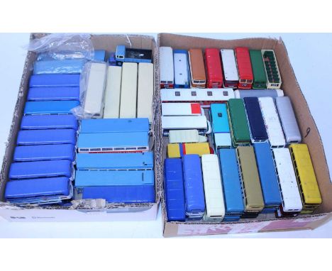 Two trays containing a quantity of various mixed release public transport vehicles to include EFE, Corgi, kit built examples 