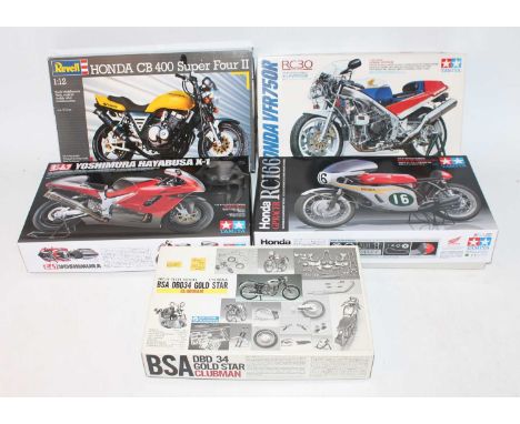 Five various boxed Tamiya, Revell, and Gunze Sangyo 1/12 scale plastic and white metal motorcycle kit, to include a BSA DBD34