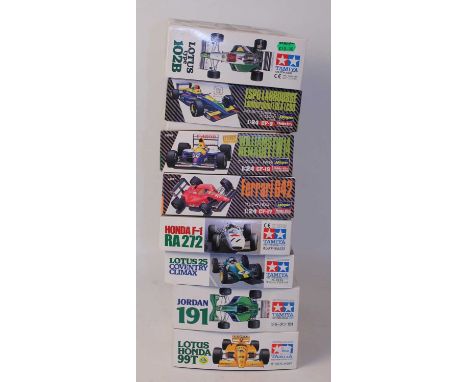 Eight various boxed Tamiya and Hasegawa 1/24 scale Formula One racing plastic kits to include a Tamiya Honda F1RA 272, a Jord