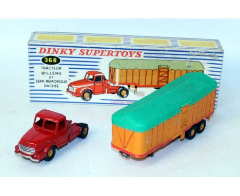 A French Dinky Toys No. 36A Willeme semi-remorque articulated tractor unit and covered trailer, finished in red and orange wi