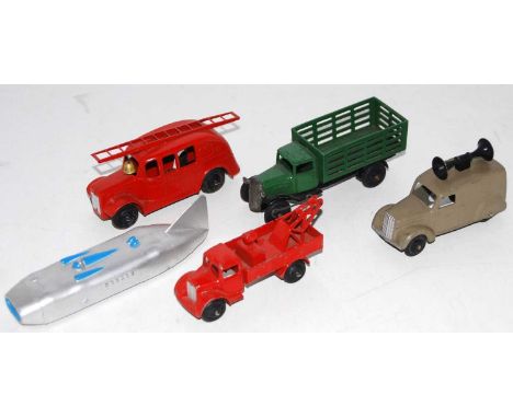 Five various loose Dinky Toy vehicles, mixed subjects to include a No. 29F fire engine, a loudspeaker van, a stake truck fini