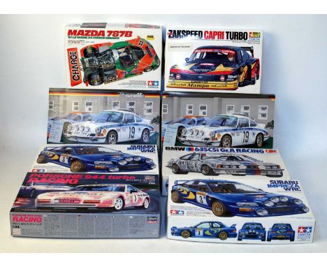 Eight various boxed Tamiya, Hasegawa, and Fujimi 1/24 scale mixed racing car and World Rally Championship plastic kits to inc