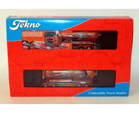 A Tekno 1/50 scale model of a Shogun Scania R Topline with Combination Silo tanker trailer, housed in the original dual foam 