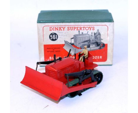 A Dinky Toys No. 561 Blawknox bulldozer, comprising red body with green tracks and driver figure, housed in the original gree