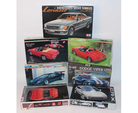 Seven various boxed 1/24 scale plastic high speed racing and sports car kits, all appear as issued to include manufactures Fu