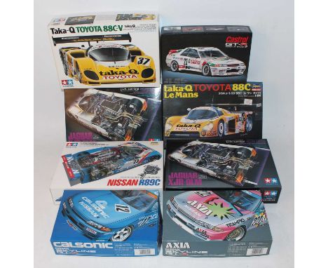 Eight various boxed 1/24 scale Tamiya, Hasegawa and Rosso high speed racing and sports car kits, all appear as issued to incl