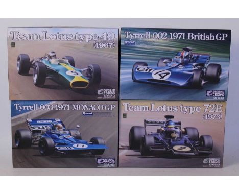 Four various boxed Ebbro 1/20 scale plastic Formula One racing car kits to include a Tyrrell 002 1971 British GP race car, a 