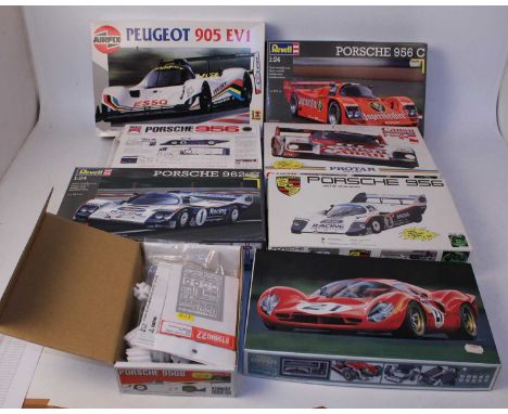 Eight various boxed 1/24 scale plastic and white metal racing car kits to include Studio 27, Tamiya, Airfix, Protar and other