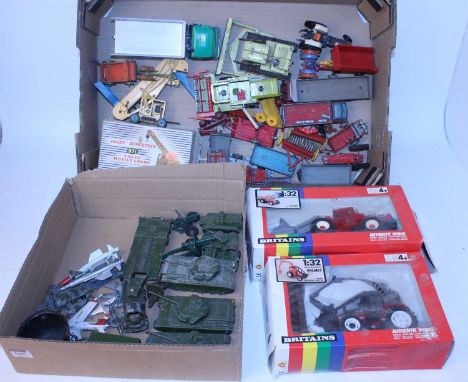 Two trays containing a quantity of various boxed and loose Dinky Toy, Matchbox, Britains and other playworn diecast vehicles 