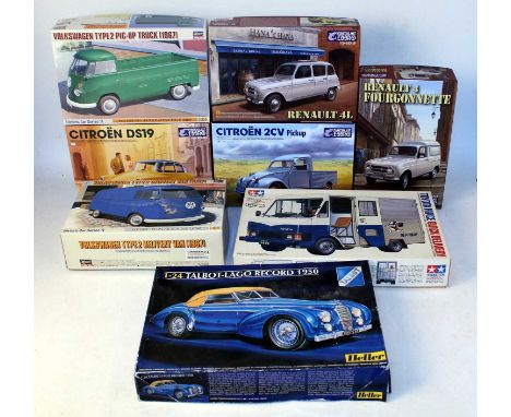 Eight various boxed 1/24 scale Tamiya and Ebbro/Heller plastic commercial vehicle and saloon kits to include an Ebbro Renault