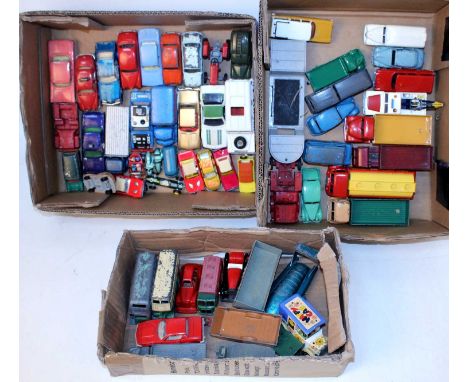 Three trays containing a quantity of various playworn repainted mixed diecast to include Dinky, Matchbox, Corgi and others, m