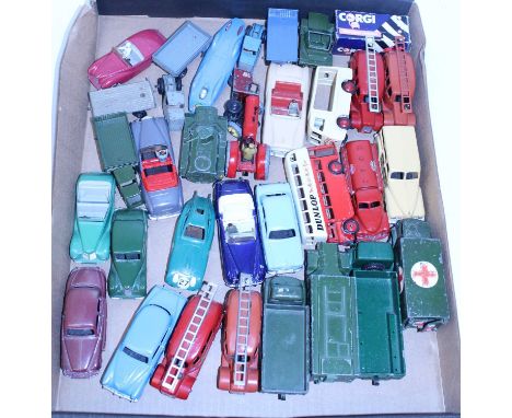 30+ various loose play worn and later repainted Dinky Toy and Corgi toy diecasts, mixed examples to include a No. 40A Riley, 