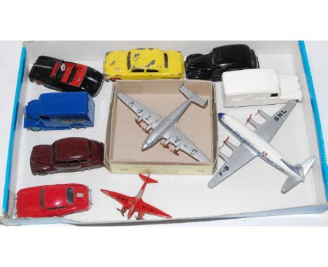 Dinky group of 10 models as follows: 7 cars repainted ,one 702 Vicount in air France livery in good condition,a four engined 
