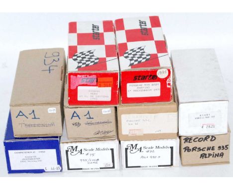 Ten various boxed 1/43 scale white metal and resin classic car racing kits to include a competition 43 Kremer K4 Jaegermeiste