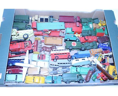 One tray containing a large quantity of Dinky, Matchbox, Cherilea and other playworn diecast and lead hollow cast miniatures,
