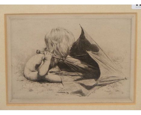Mortimer Luddington Menpes (1855–1938). Child with umbrella. etching. pencil signed lower right. 20.5 x 15.5 cm