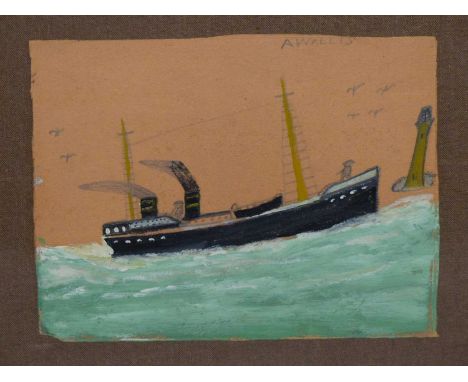 Alfred Wallis (1855-1942) A Masted two-funnel Steamer fishing boat near a lighthouse. Pencil & paints on card. Signed upper r
