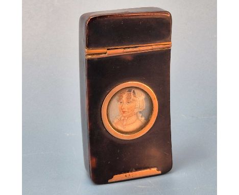 A Fine 18th-century gold-mounted tortoiseshell pocket snuff box, the lid inset with a portrait miniature of a young lady.