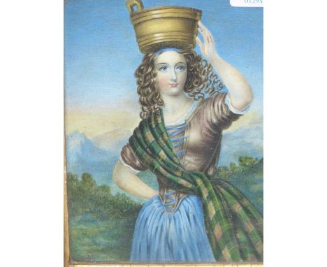 19th century school. Miniature depicting a Scottish country girl wearing a Tartan sash. unsigned. 10 x 13cmsProv. Consigned f