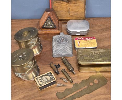 WWI war souvenirs: two 1917 trench art machine gun officer's caps, a Princess Mary 1914 Christmas box, a big push matchbox sl