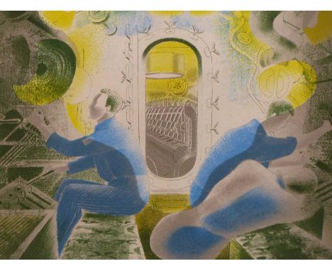 Eric Ravilious (1903–1942). Men operating submarine controls. Colour Lithograph circa 1941. 32 x 28 cm.Provenance: purchased 