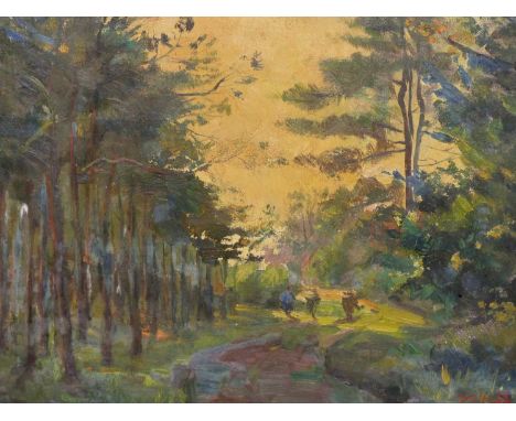 Milleux* (mid-20th century impressionist school) Figures on a wooded track. oil on canvas. signed lower right and dated '49. 