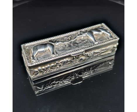 A Hallmarked silver small snuff box, a continental silver small box, a hallmarked scent bottle and a hallmarked pocket flask.