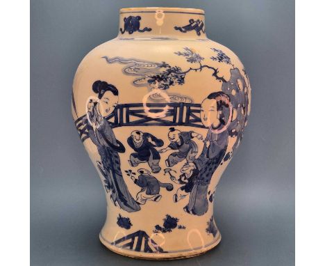 A Chinese blue and white baluster jar painted on each side with two ladies watching four children play on a garden terrace. H
