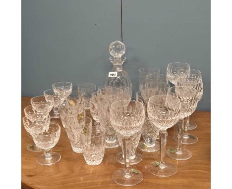 A Waterford 'Colleen'pattern drinking set comprising six each of five sizes of glasses together with a decanter