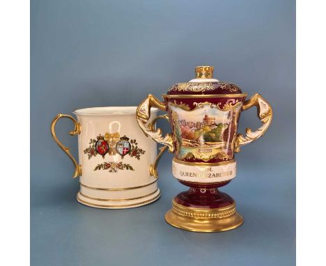 A limited edition Aynsley claret ground two handled cup and cover for the 40th anniversary of Queen Elizabeth II coming to th