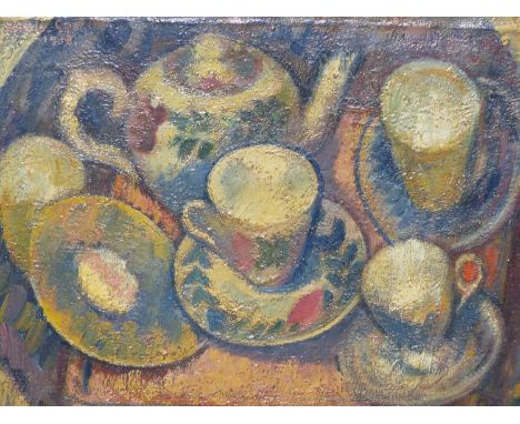 Mark Gertler (1891-1939). The tea set. oil on canvas. signed upper left and dated 1918. variously labelled verso. 50 x 39 cm.