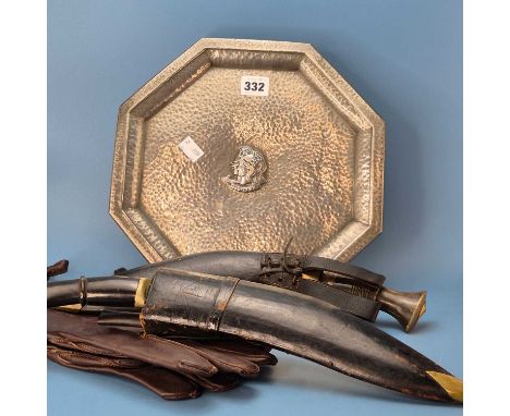 A parcel of Militaria: two kukhris, a Dollond telescope, an Artist's Rifles hammered pewter tray, a compass, a pedometer, bro