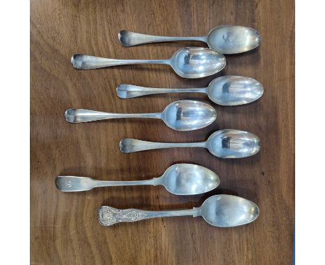 A Britannia standard rattail table spoon, five various George III silver table spoons together with a Victorian silver king's