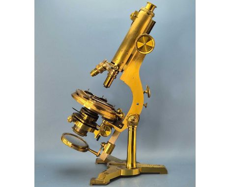 A large antique monocular microscope by R &amp; J Beck LONDON &amp; PHILADELPHIA. numbered 11354. H 44cms Fitted with elabora