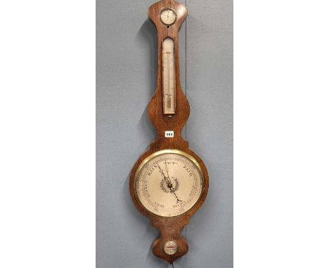 A 19th century rosewood banjo barometer with an alcohol thermometer above the silvered dial