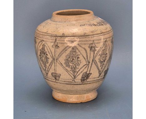 A 15th century Sawankhalok grey pottery jar painted in charcoal blue with lappets on the shoulder and a diamond band below.  