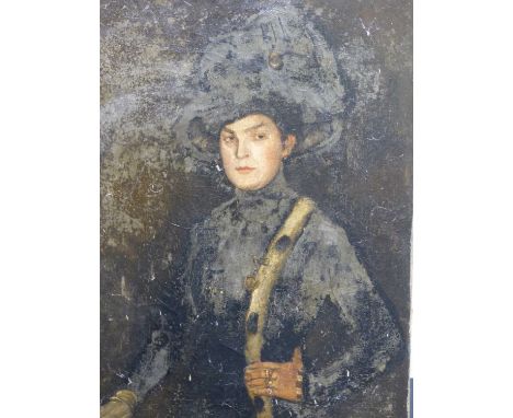 Late 19th century school. Portrait of a lady wearing fine jewels and a feathered hat. oil on canvas. 60 x 90cmsProv. Consigne