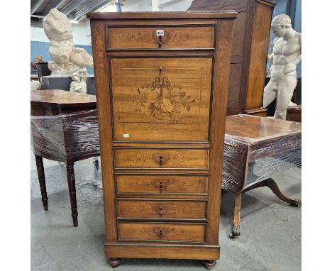 A marble topped floral marquetried mahogany secretaire a battant with a drawer above and four below the fall above spindle fe