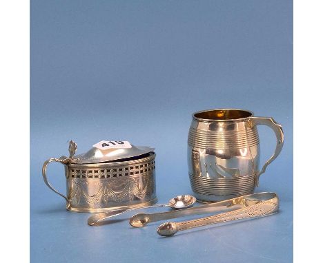 A George III silver mug by Jeremiah Garfield, London 1813, a pair of bright cut tongs, a mother of pearl handled folding knif