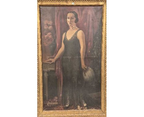 Early 20th century school, a portrait of a lady standing against a red curtain while wearing a black evening dress, oil on ca