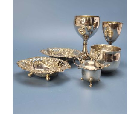 A pair of Birmingham silver sweetmeats, a drum mustard, a tumbler cup, and two electroplate trophy goblets, 417 gms.