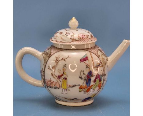 A Chinese famille rose tea pot and cover painted with two reserves of mothers and children on terraces outside pavilions on a