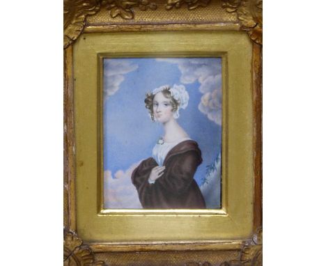 19th century school. Miniature portrait of a young woman standing against sunlit clouds. unsigned. 7.5 x 9.5cmsProv. Consigne