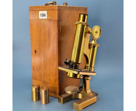 An R &amp; J Beck Ltd LONDON, Brass Monocular microscope in fitted mahogany case, numbered 28241