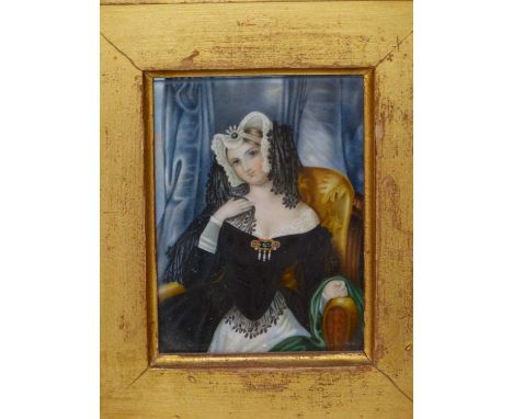 19th century school. Miniature portrait of a young woman wearing an elaborate lace headdress. unsigned. 8 x 11cmsProv. Consig