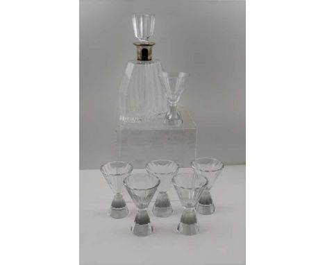 AN ART DECO DESIGN DECANTER AND SET OF SIX MATCHING GLASSES, of waisted flared forms, the decanter has a plated collar and st