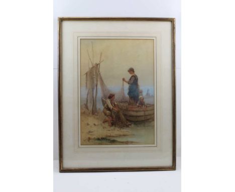 F. MEARNS 'Mending the Nets', figures on a beach, Watercolour painting, signed, 42cm x 29cm, gilt framed, mounted and glazed 